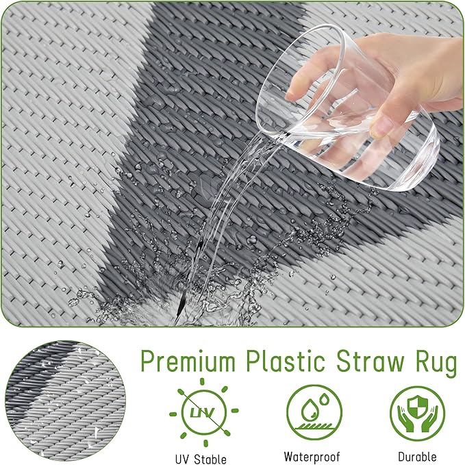 Easy-Going Reversible Outdoor Rugs 4x6ft Waterproof Plastic Straw Rug Stain & UV Resistant Floor Mat for Patio Porch RV Backyard Pool Deck Picnic Beach Trailer Camping (Waved Grey & Light Grey)