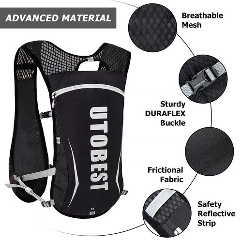UTOBEST Running Vest 5L Black Vest Only with 2 Pack 250ml Soft Flask