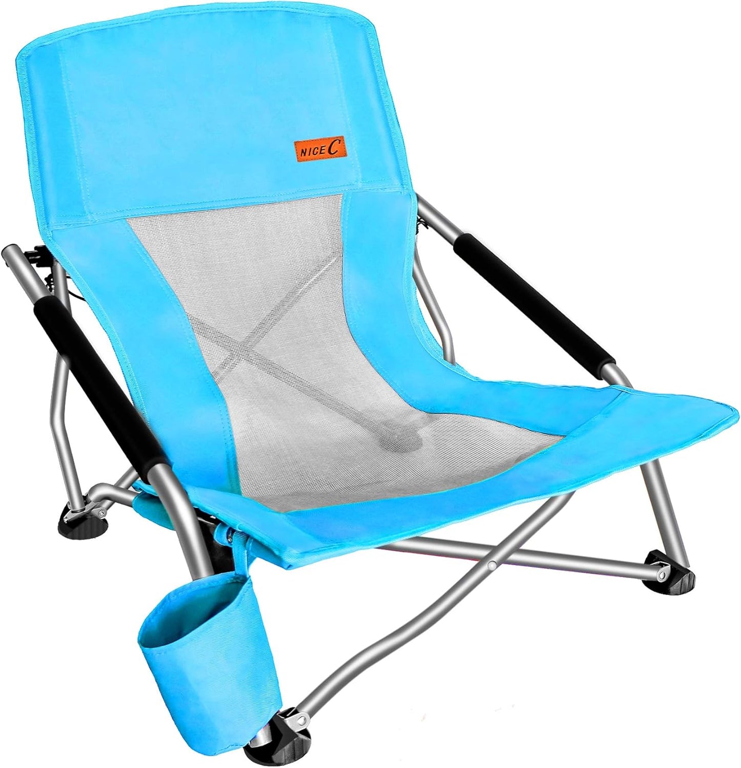 Nice C Adults Low Beach Chair, Sling, Folding, Portable, Concert, Kids, Boat, Sand Chair with Cup Holder & Carry Bag (2 Pack of Blue)