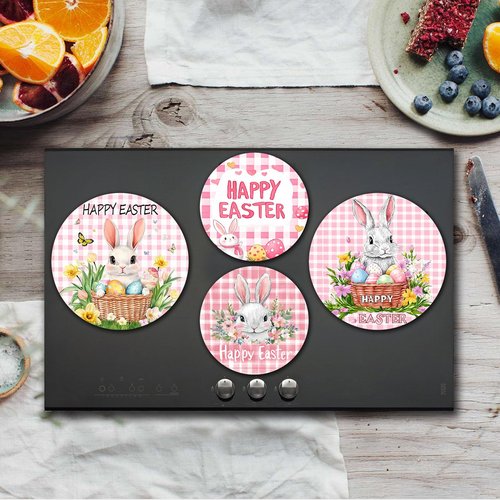 Happy Easter Day Art Stove Burner Covers Set of 4, Flowers,Butter Stove Top Covers for Gas Burners,Animal Rabbit Pattern Electric Stove,Gas Stove Burner Covers,Metal Stove Burner Cover Gift(Pink)