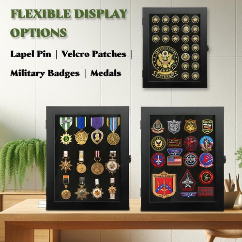 Pin Display Case, 11 x 14 Solid Wood Lapel Pin Display Box with HD Tempered Glass for Military Medal Badge Velcro Patch Board
