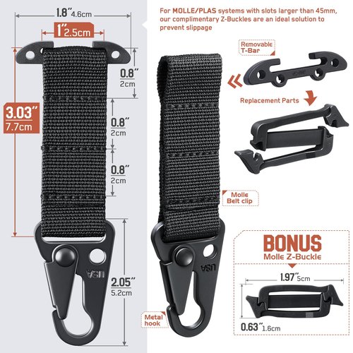 LIVANS Molle Belt Clip Key Holder Tactical Battle Belt Plate Carrier Vest Attachment Clip for Hanging Keys or Gloves, Universal Fit Molle Accessories Clip |T-Mount Clash Hook, Include Z-Buckle(B-1)
