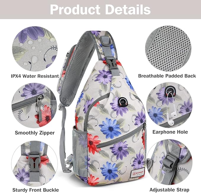 ZOMAKE Sling Bag for Women Men, Small Crossbody Sling Backpack, Mini Water Resistant Shoulder Daypack for Travel, Anti Thief Chest Bag for Hiking, Sports(Color Chrysanthemum)