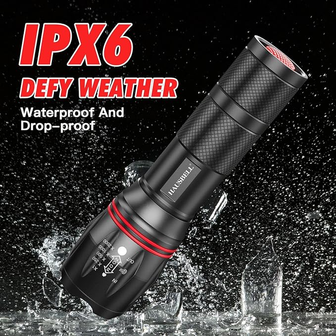 HAUSBELL LED A100 Flashlight Bright, Zoomable Tactical Flashlights Flash Light with High Lumens and Five Modes for Emergency and Outdoor Use Camping Accessories, 4 Pack