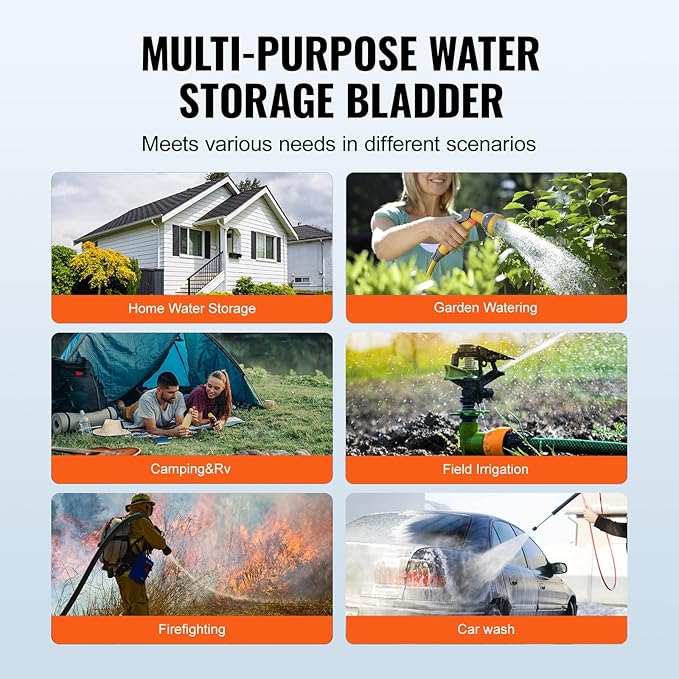 VEVOR 1000L/264 Gallon Water Storage Bladder, RV Water Tank, 1000D PVC Collapsible Water Storage Containers, Large Capacity Soft Water Bag, Portable Water Bladder,Camping,Emergency Water Supply
