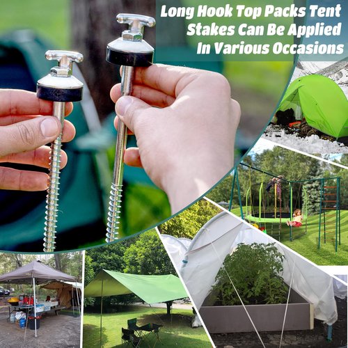 4 Pcs 10" Drillable Tent Stakes, Long Hook Top Packs Tent Stakes, Heavy Duty Hardened Steel Ground Pegs for Grassland Garden Tents Canopies Awnings Camping Travel (Hex Tool and Storage Bag)