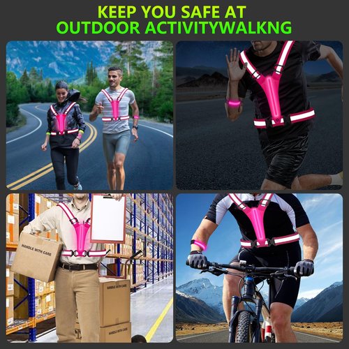 Uwqaqx LED Reflective Running Vest with Wristband, Tpye-C Rechargeable Light Up Running Vest for Women Men, Running Lights for Runner, Safety Gear for Walking, Running, Cycling (Pink+1 Armband)