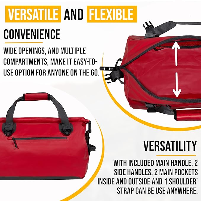 LEGEND Waterproof Duffel Bag - Heavy Duty Duffle Bag for Outdoor, Camping, Boating & Travel, Premium PVC Dry Duffel Bag, Motorcycle Dry Bag with Durable Strap & Handles with Large Storage - 80L Red