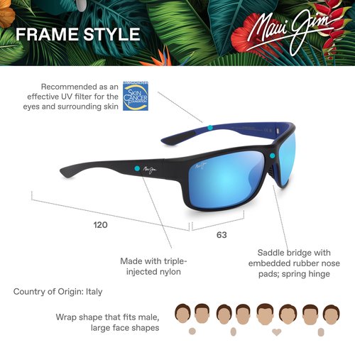 Maui Jim Southern Cross Rectangle Sunglasses, Matte Black/Blue/Blue Hawaii Polarized, Large