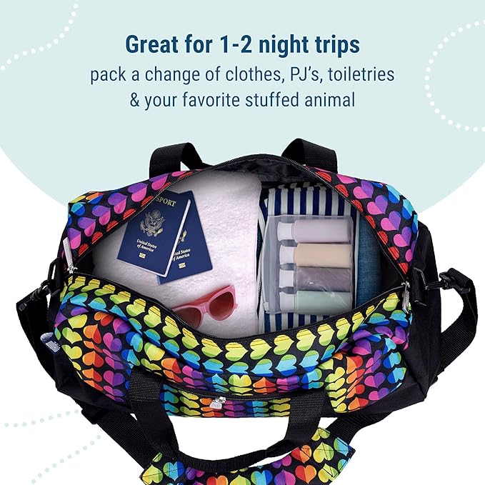 Wildkin Kids Overnighter Duffel Bag – Carry-On Size, Ideal for School & Sleepovers – Rainbow Hearts