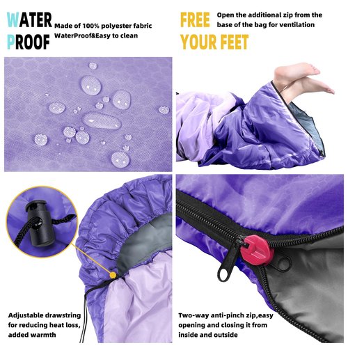 Sleeping Bag for Adults, Girls, Boys - 3 Season Warm & Cool Weather Lightweight Waterproof Camping Bag for Hiking Outdoor Travel - Palepurple