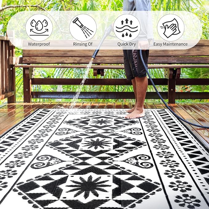 Waterproof Outdoor Rug 5x8ft, Reversible Plastic Straw Mat Rugs for Patio RV Deck Porch Backyard Balcony Camping Picnic Beach Indoor Outdoor Carpet, Black&White