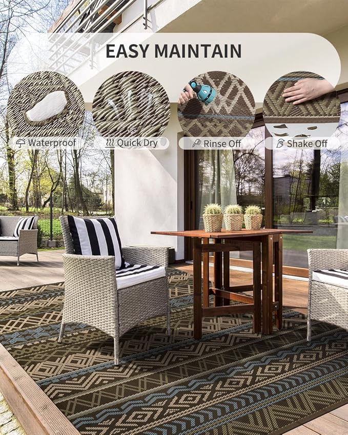 MontVoo Outdoor Rug Carpet Waterproof-Patio Rug Mat 5x8 Reversible RV Camping Rug Picnic Mat Plastic Straw Outside Rug for Balcony Porch Deck Beach-Boho Outdoor Area Rug for Patio Decor Colorful