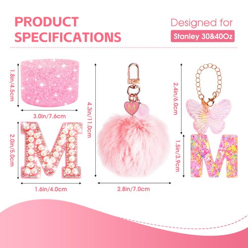 WINOWIMO 8 Pcs Pink Accessories Set for Stanley Cup 30 oz 40 oz, Silicone Glitter Boot, Star Straw Cover, Pom-Pom Charm, Letter Charm, Water Bottle Handle, Initial Sticker for Stanley Tumbler (M)