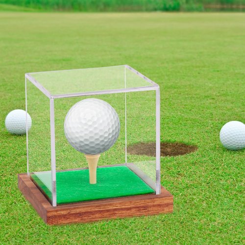 Clear Acrylic Golf Ball Display Case with Wood Base & Tee, Memorabilia Stand Cube Holder, Dust Protection Transparent Storage Box for Single Ball Souvenir Golfball Collections