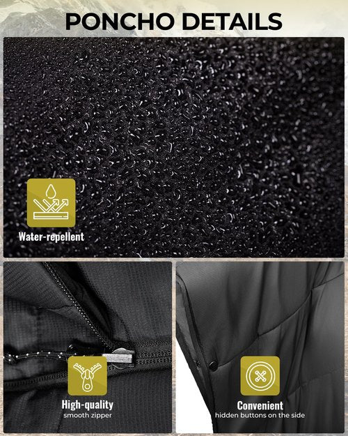 KingCamp Camping Blanket Poncho, Wearable Honcho Hoodie Reversible Cape Windproof Water-Repellent Recycled Ponchos with Snap Buttons for Outdoor Hiking Stadium Travel Black, 66" x 48"