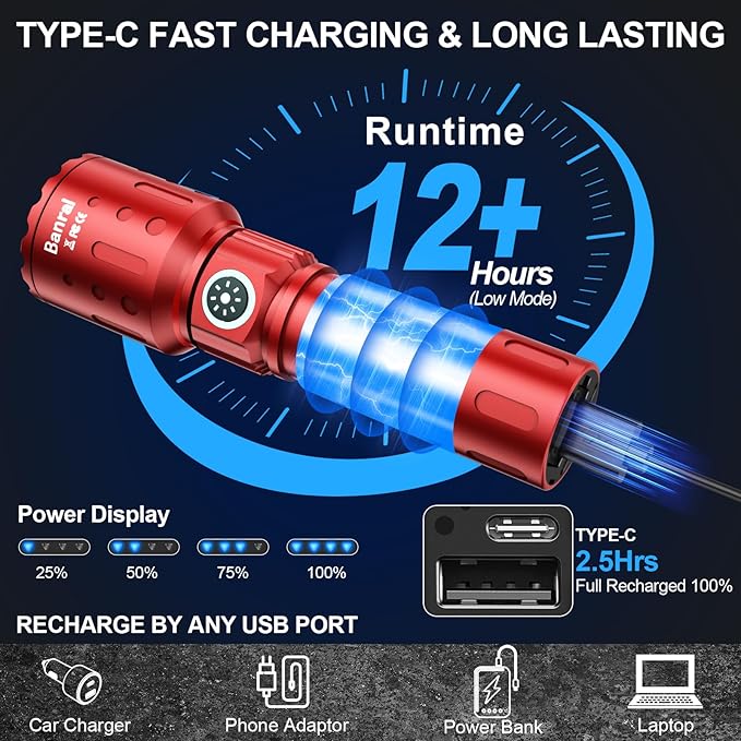 Flashlights High Lumens Rechargeable, 20000 Lumens Super Bright 1500 Meters Long Range Small Powerful Flashlight, 6 Modes LED Tactical Pocket Waterproof Flash Light for Home Emergency (1, Red)