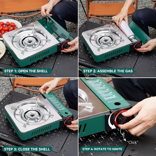ONLYFIRE Butane Stove with Carrying Case, Portable Camping Stove, 13.5x11in Compact Backpacking Camp Stove for Camping, Hiking, RV Trip, Breakfast, Hotpot and Emergency, 6900BTU, Green GS347