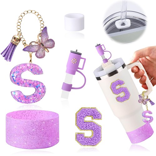 Stanley Cup Accessories Set of 6 PCS, Including Letter Stickers, Letter Chains, Straw Caps, Cup Sleeves, and Spill Proof Stoppers, Purple, 30 Oz 40 Oz, Water Bottle Carrier Set