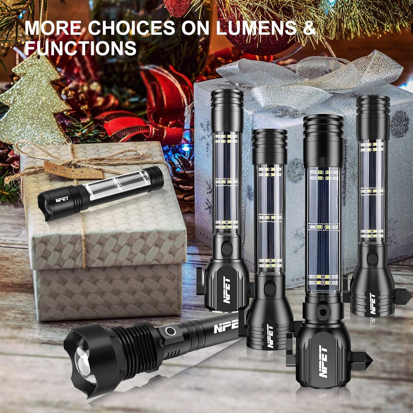 NPET T10 Car Flashlight 500 Lumens LED COB Light Solar Powered USB Rechargeable Tactical Multi-Function Torch Tool with 120dB Siren Window Breaker Seat Belt Cutter Compass for Camping
