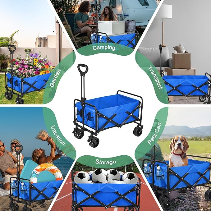 Wagons Carts Foldable, 330LBS Beach Wagon Collapsible with All-Terrain Wheels Portable Utility Folding Cart for Beach/Grocery/Garden/Fishing/Camping/Shopping/Outdoor/Travel, Blue