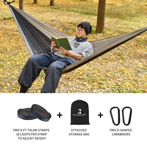 Durable Hammock 400 lb Capacity, Nylon Camping Hammock Chair - Single Sizes w/Tree Straps and Attached Carry Bag - Portable for Travel/Backpacking/Beach/Backyard (Black & Light Blue)