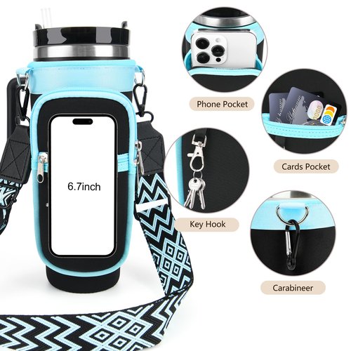 Water Bottle Holder Carrier with Adjustable Strap for Stanley Cup 40oz with Handle, Neoprene Water Bottle Sling Bag with Phone Pocket & Carabiner Tumbler Accessories, Birthday Gifts for Men Women