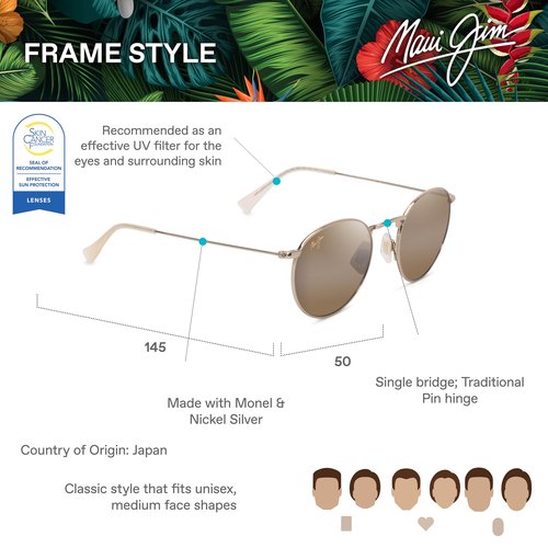 Maui Jim Pukaua Round Sunglasses, Shiny Light Gold W/Yellow/Hcl Bronze Polarized, Medium