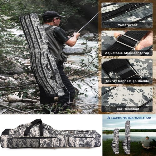 Srempeom 3 Layers Fishing Pole Bag,Portable 3 Layers Oxford Folding Rod Carry Case,Fishing Reel Tackle Storage Bag Case,120cm/47.2inch