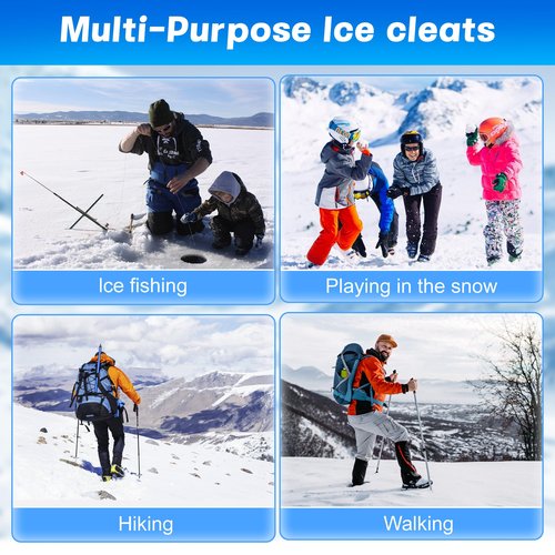 Crampons Ice Cleats for Shoes and Boots, Ice Snow Grip with Stainless Steel Spikes Anti-Slip, Traction Cleats Grips with Straps Women Men Shoes for Walking, Climbing, Hiking, Ice Fishing