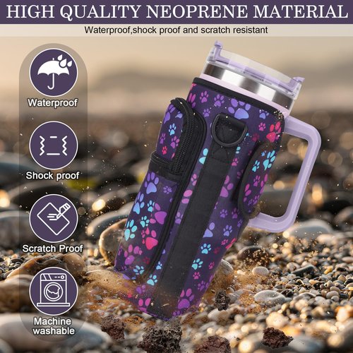 Water Bottle Holder Carrier Bag with Large Phone Pocket,Neoprene Water Bottle Carrier with Strap for Stanley 40 OZ Tumbler, Wrap Around Drink Purse Cup Holder with Straw Cover Accessories