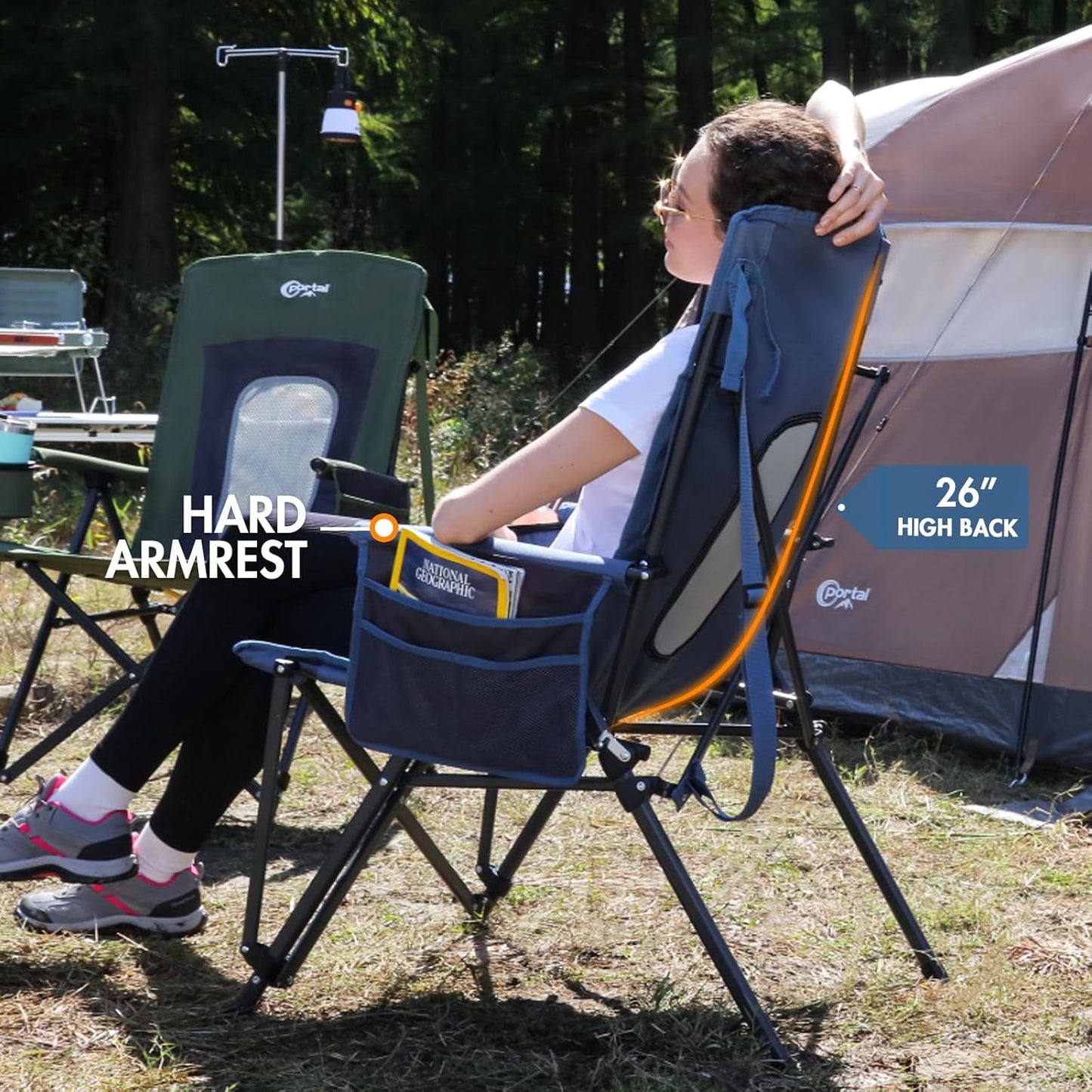 PORTAL Oversized Folding Camping Chair High Back Portable Lawn Chairs for Adults Outdoor Sports with Hard Armrest Cup Holder，Supports 400LBS Black
