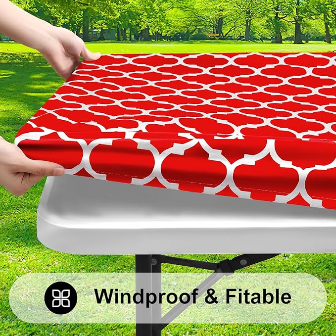 Smiry Rectangle Picnic Table Cover, Waterproof Elastic Fitted Camping Tablecloths for 8 Foot Tables, Wipeable Flannel Backed Vinyl Tablecloth Protector for Indoor, Outdoor (Red, 30x96 Inches)