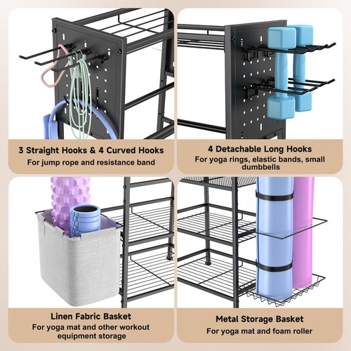 Dumbbell Rack, Home Gym Storage for Dumbbells Kettlebells Yoga Mat & Strength Training Equipments, Weight Rack with Peg Board Organizer, Workout Storage Gym Organizer Gym Equipment Storage, Black