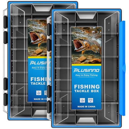 PLUSINNO Waterproof Fishing Organizer with Removable Dividers, 1/2 Packs Fishing Box Tray Lure and Terminal Tackle Storage