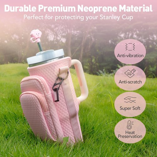 Stanley Cup Accessories, Include 3Pcs Straw Covers & Butterfly Chain & Stanley Cup Holder, 3D Embossing Neoprene 40 Oz Stanley Cup Carrier with Strap, Water Bottle Carrier Bag with Phone Pocket