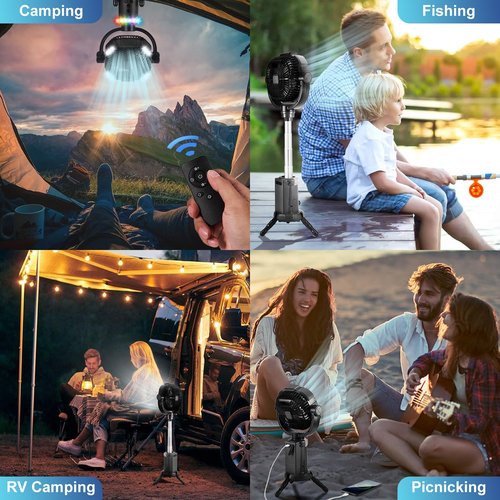 Odoland 20000mAh Camping Fan with Lantern, 360° Oscillation Rechargeable Battery Operated Outdoor Power Fan with Remote, Hook ＆ RGB Light for Camp, Family Travel and Jobsite, Black