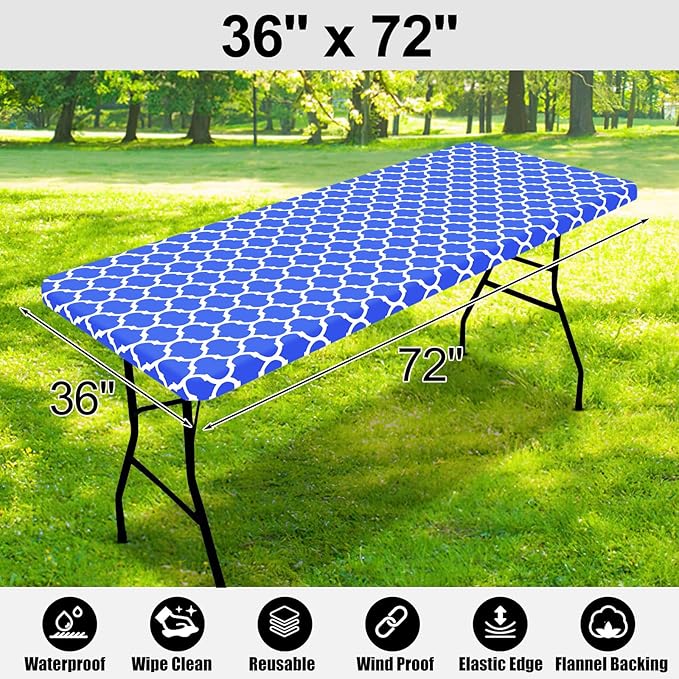 Smiry Rectangle Picnic Table Cover, Waterproof Elastic Fitted Camping Tablecloths for 6 Foot Tables, Wipeable Flannel Backed Vinyl Tablecloth Protector for Indoor, Outdoor (Blue, 36x72 Inches)