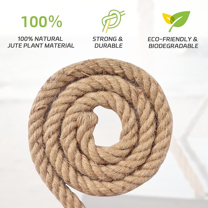 Jute Rope 1/2 Inch 50 Feet, Heavy Duty Rope, Twisted Natural Hemp for Tug of War, Swing, Crafts, Gardening, Home Decor, Railings, Hammock Use