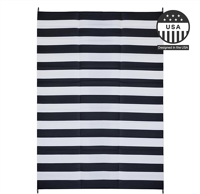 FH Home Outdoor Camping Rug - Waterproof, Fade Resistant, Reversible - Premium Recycled Plastic - Striped - Picnic, Patio, Deck, Sunroom, RV - Brittany Stripe - Black & White - 4 x 6 ft Foldable