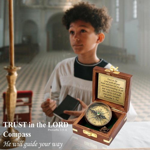 Trust in The Lord -Proverbs 3: 5-6 Quote Engraved Compass with Wooden Box, Baptism Gifts, Camping Compass, Catholic Inspirational Christian Religious Gifts for Men Women, 2025 Graduation Day Gifts