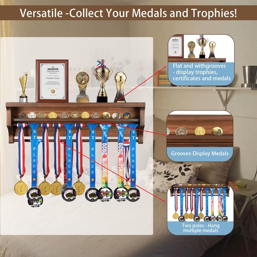 IHEIPYE Solid Wood Medal Hanger Display Shelf Medal Holder, Wall Mount Medal Rack Display Holder for Runners, Marathon, Race Winner,Soccer, Football, Gymnastics & All Sports-Walnut