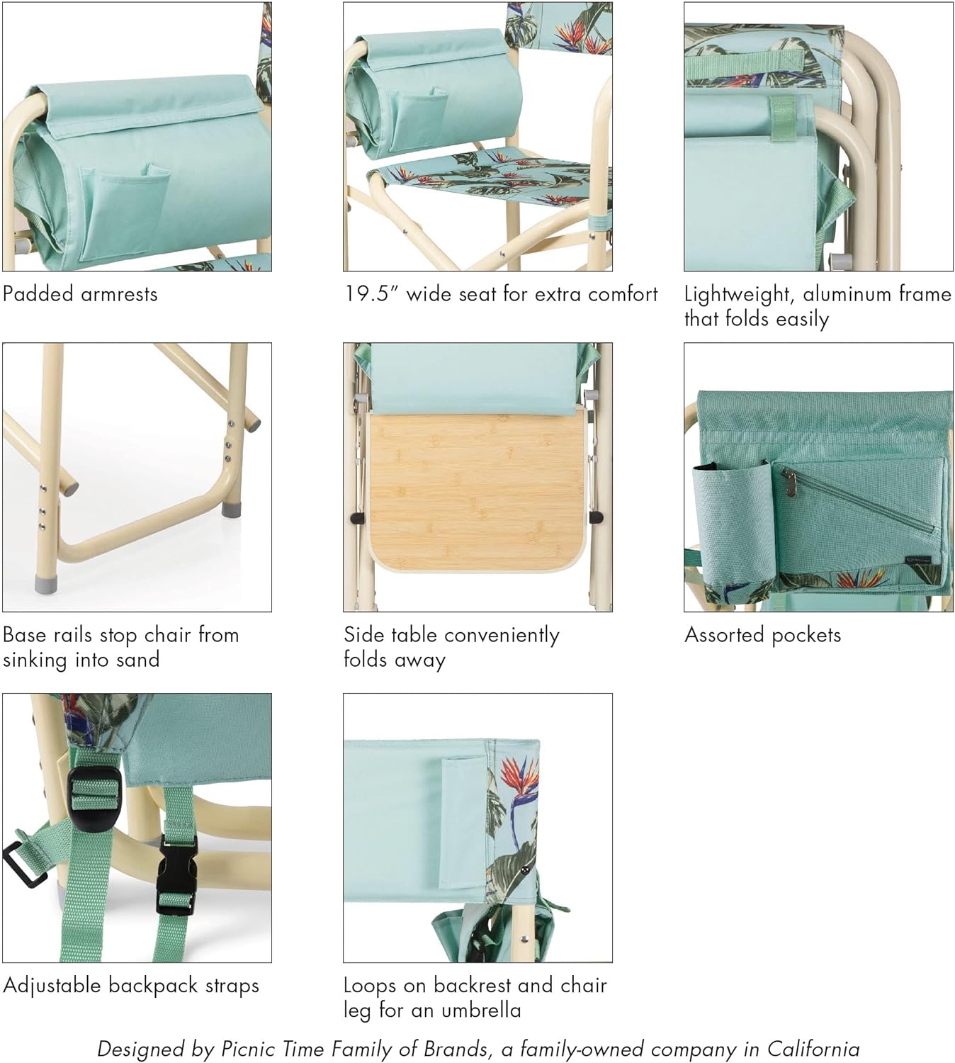 Picnic TIME Outdoor Directors Chair with Side Table, Beach Chair for Adults, Camping Chair with Table