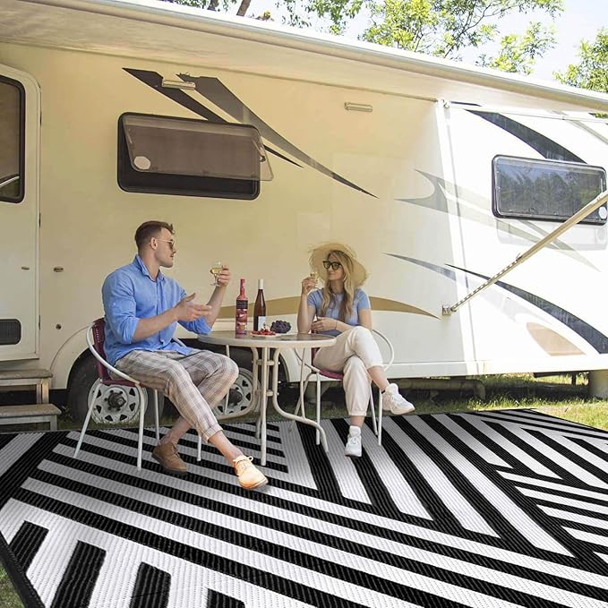 Outdoor Patio Plastic Straw Rug - 8'x10' Outdoor Camping Rug Waterproof Reversible, Area Carpet Patios Clearance RV, Outside Porch Balcony Deck for Camper, White & Black