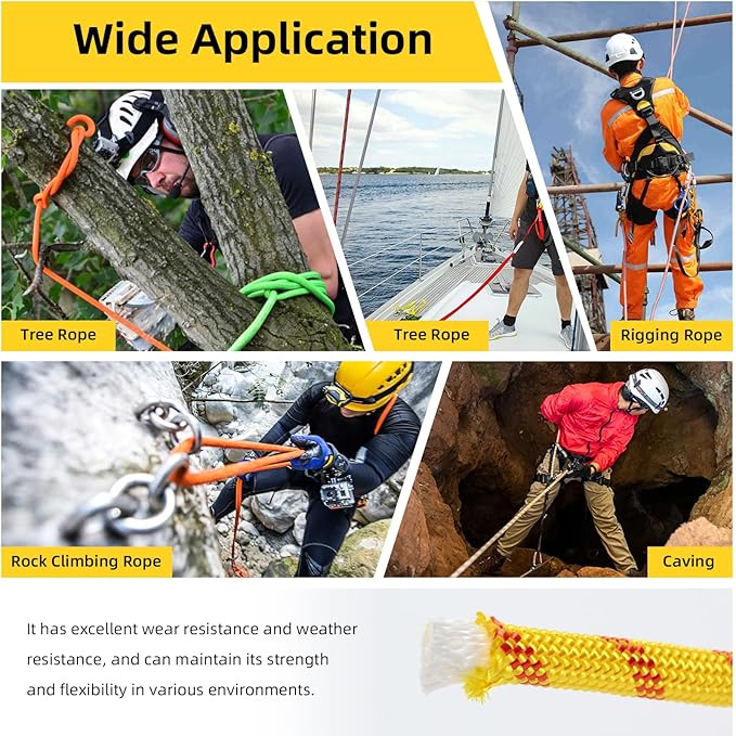 Arborist Rope, 1/2 Inch x 50 Feet Double Braided Climbing Rope Polyester for Outdoor, Climbing, Hiking, Swing, Tree Work, Halyard, Sailing（Yellow）