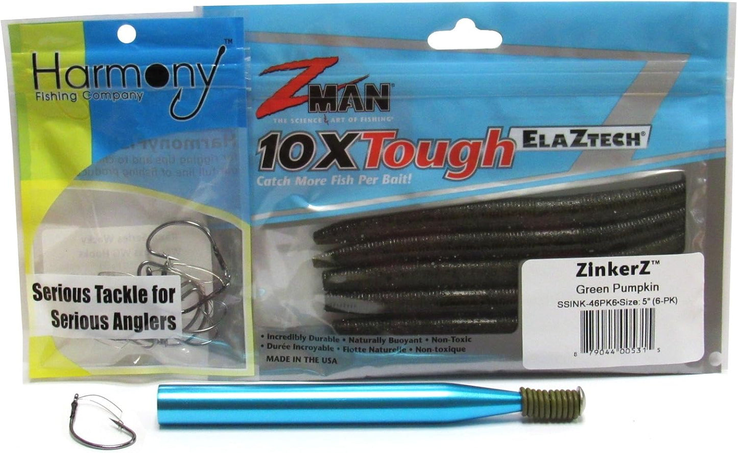 Wacky Rig Kit - Z-Man ZinkerZ 6pk + Wacky Weedless Hooks 10pk + Wacky Tool w/ 10 Wacky Rings + How to Fish The Wacky Worm Guide (Green Pumpkin)