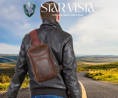 STAR VISTA Triton Vintage Full Grain Leather Sling Bag, Crossbody Chest Daypack, Multi Pockets Backpack, Casual Outdoor Hiking Rucksack, YKK Zippers