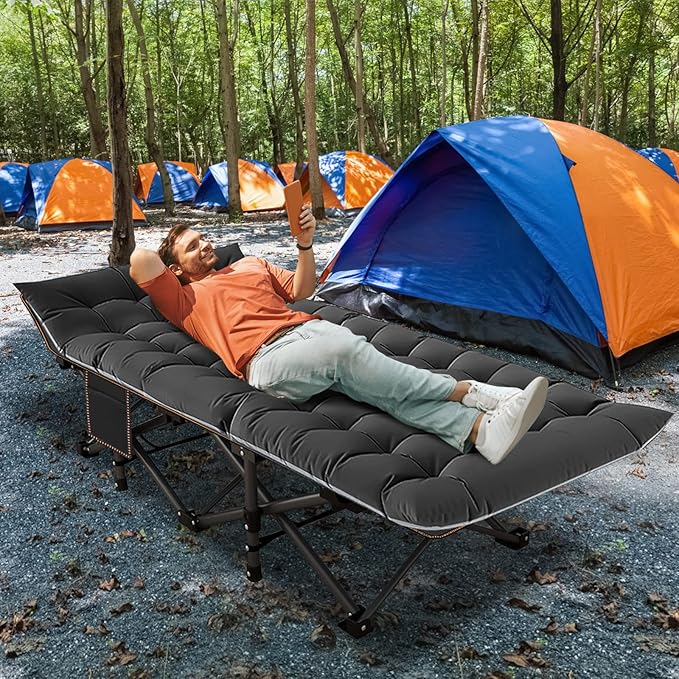 ABORON 2 Pack Folding Camping Cot W/Mat for Adults, Heavy Duty Outdoor Bed with Carry Bag,1200 D Layer Oxford Travel Camp Cots