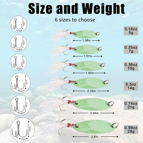 Fishing Spoon Lures Luminous Casting Metal Fishing Jigs Baits Glow Fish Tackle with Treble Hooks Spinning Lure for Saltwater Freshwater Trout Bass Salmon （10G-6PCS）