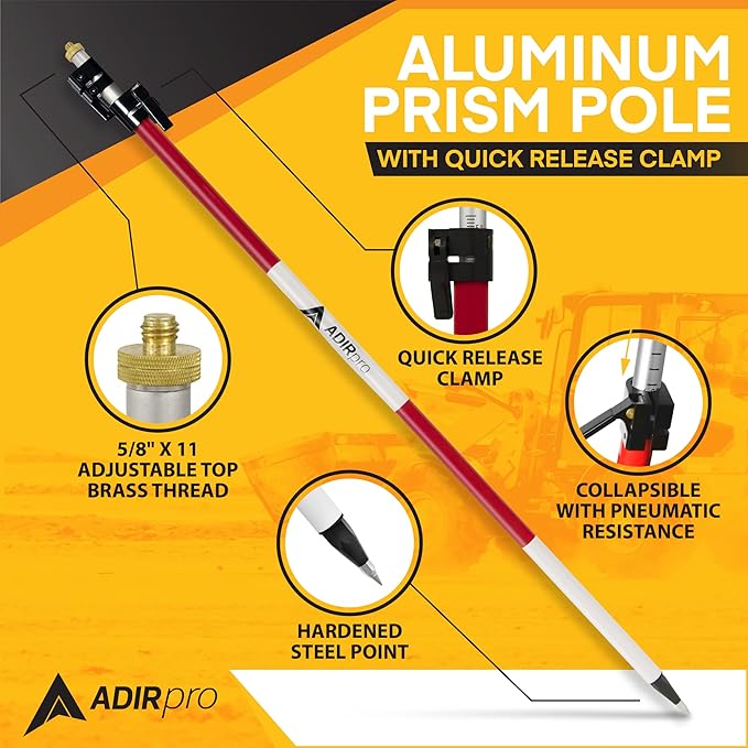 AdirPro Aluminum Prism Pole - Telescopic 12’ (3.7m) - Adjustable Tip – Quick Release Clamp - Metric Graduation - Strong & Lightweight GPS Pole - for Use with Prisms - Rover Rod - GNSS Instruments